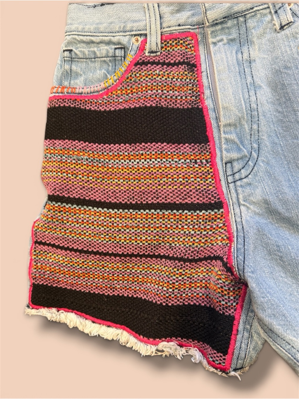 BDG Patchwork Light Wash A-Line Denim Shorts with Pink & Black Knit Panel - Picture 3 of 6